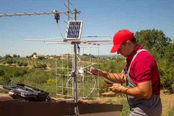 Technicien antenniste réglant une antenne TV